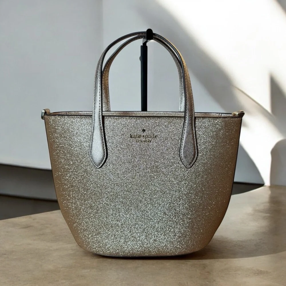 NWT KATE SPADE NEW YORK GLITTER LEATHER SATCHEL BAG WITH POUCH & STRAP - GOLD